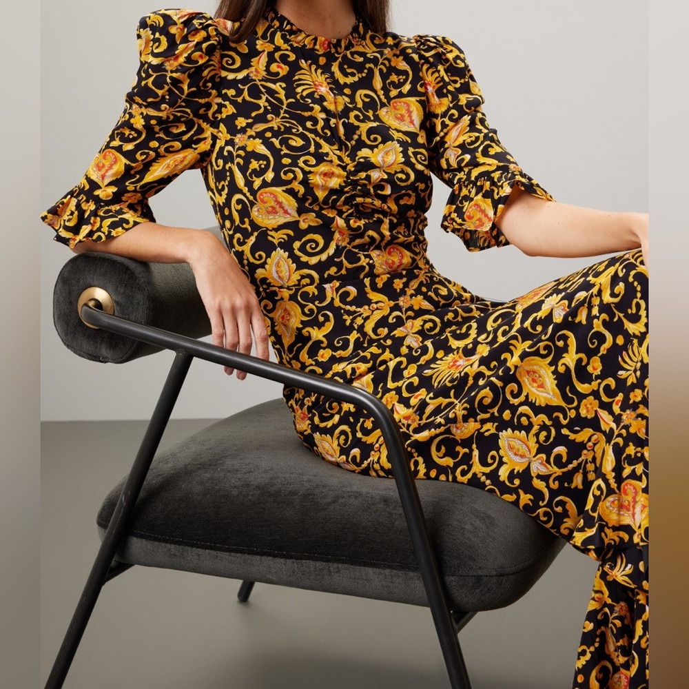 RHODE Felix Dress Black Yellow Gold Patterned Flare Midi - Picture 2 of 14